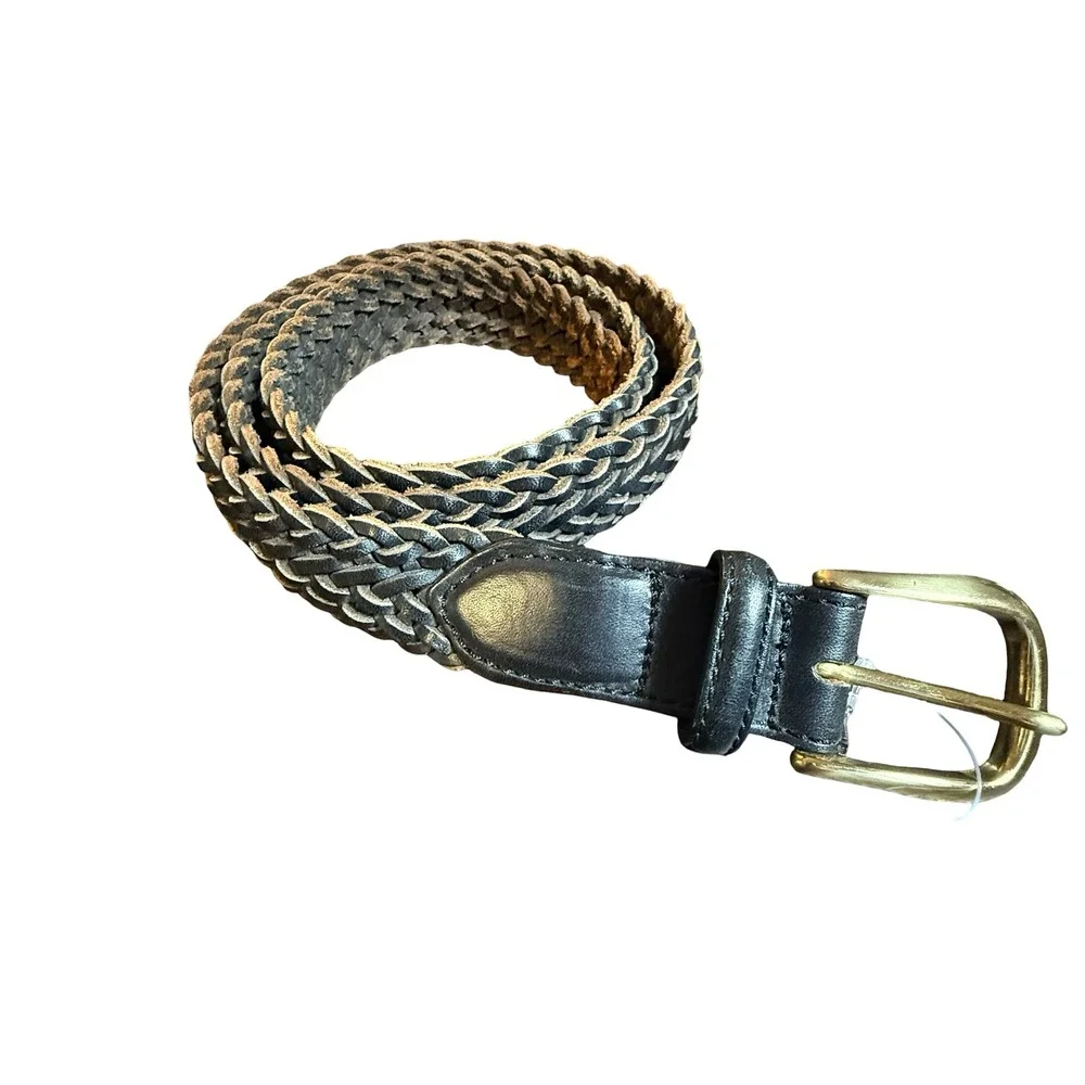 Lands End Mens Black Braided‎ Leather Belt Solid Brass Buckle Casual Size 38